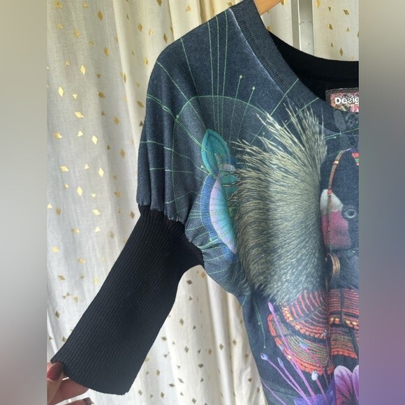 Desigual Loves Knitwear Art Deco Floral Exotic Bird Side Tie Unique Sweater XL - Picture 3 of 8